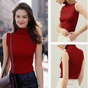 v28 Women Sleeveless High Neck Turtleneck Stretchable Knit Sweater Top